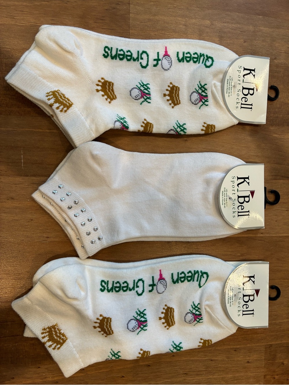 K. Bell Queen of Greens No-Show Sock Set - White with Green, Gold & Pink Accents